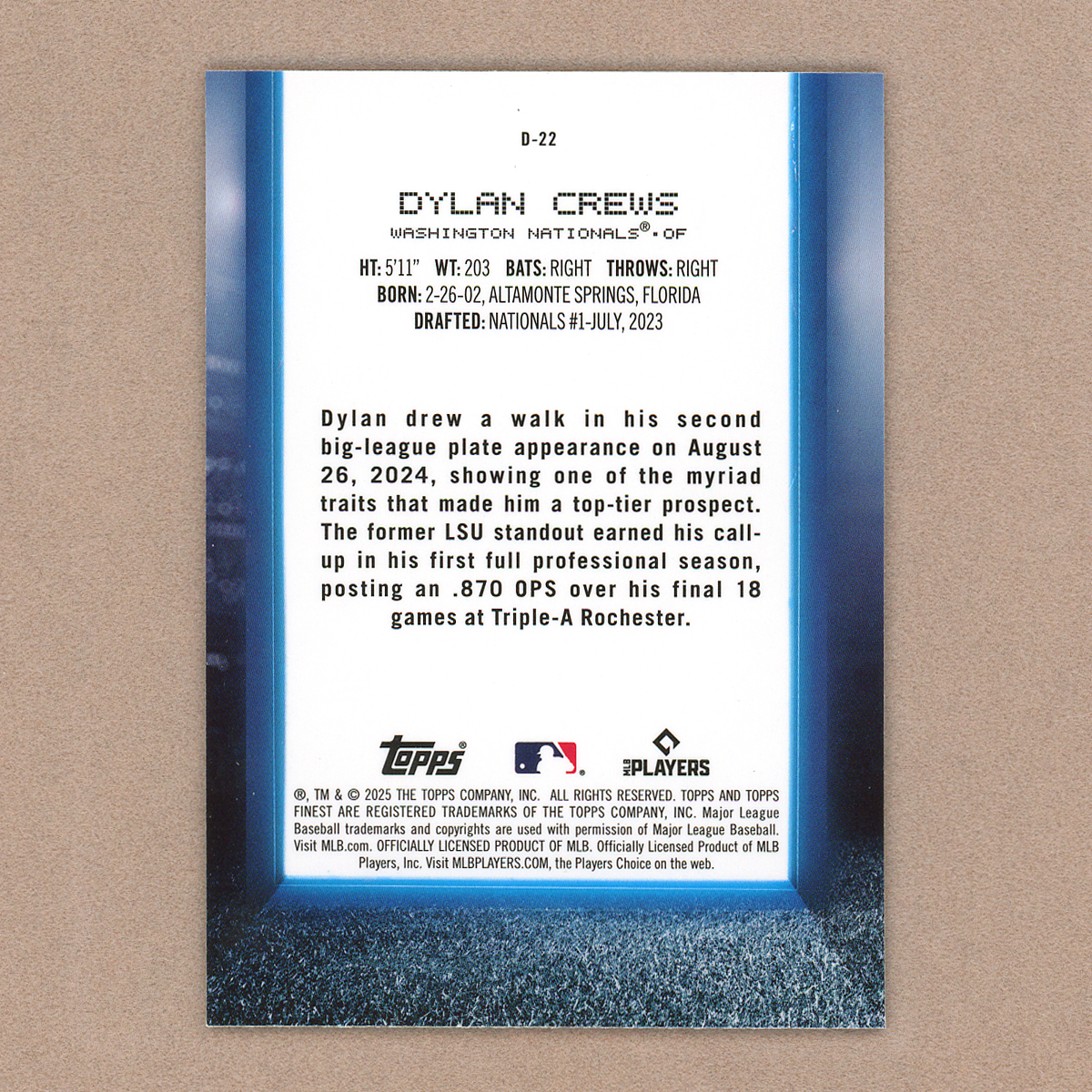 2025 Topps Finest Dylan Crews Debut RC