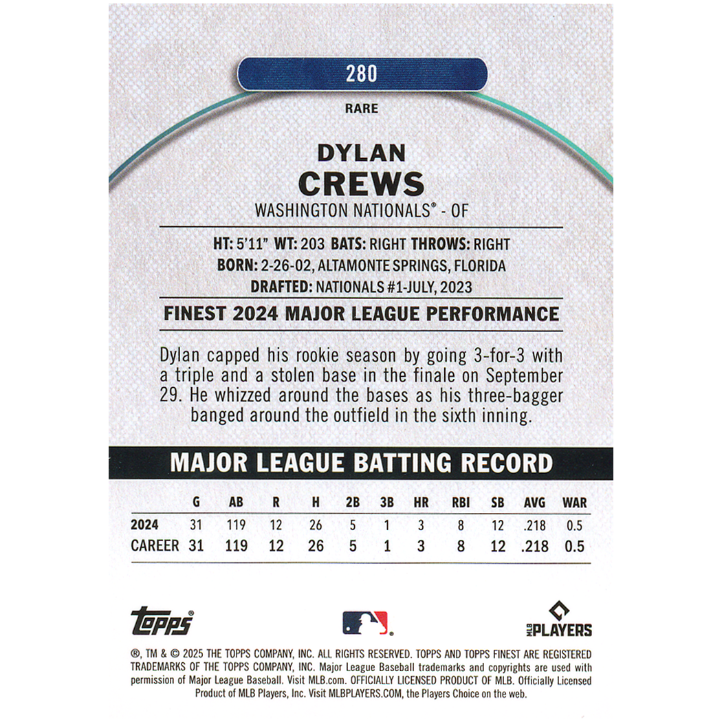 2025 Topps Finest Dylan Crews Rare (Purple)