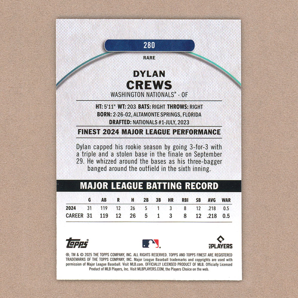 2025 Topps Finest Dylan Crews Rare (Purple)