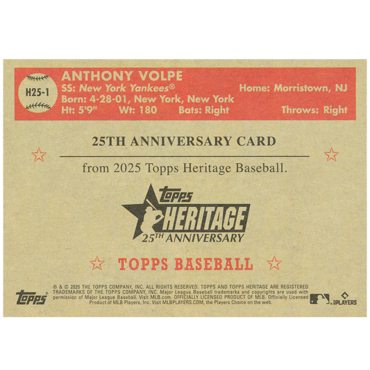 2025 Topps Heritage Anthony Volpe Heritage 25th Anniversary