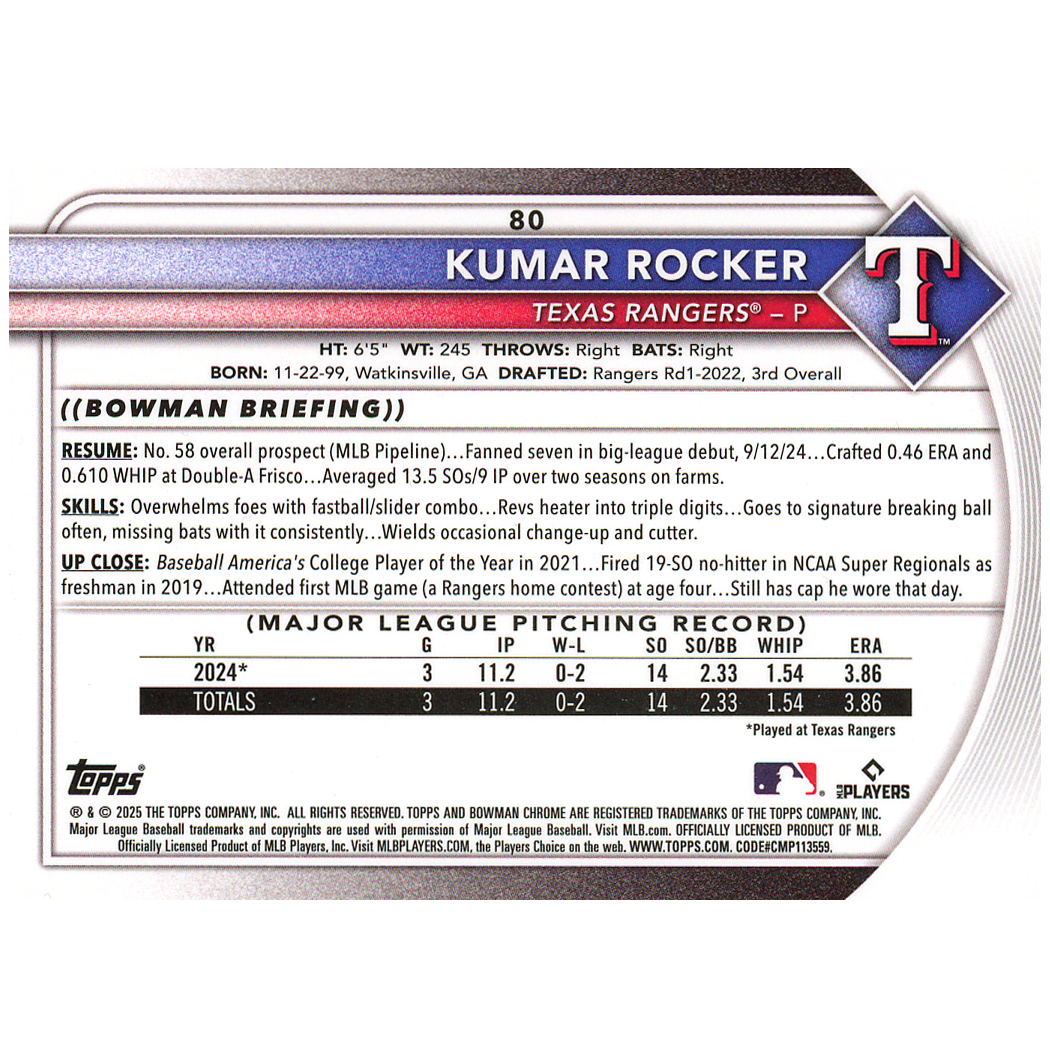 2025 Bowman Chrome Kumar Rocker Red Rookie Redemption (RC)