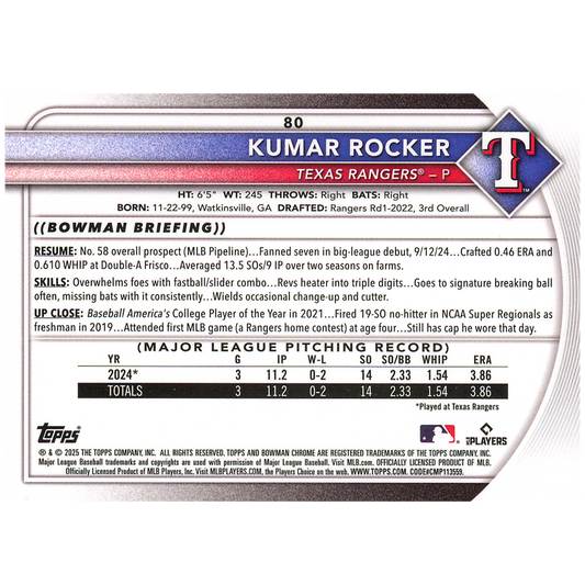 2025 Bowman Chrome Kumar Rocker Red Rookie Redemption (RC)