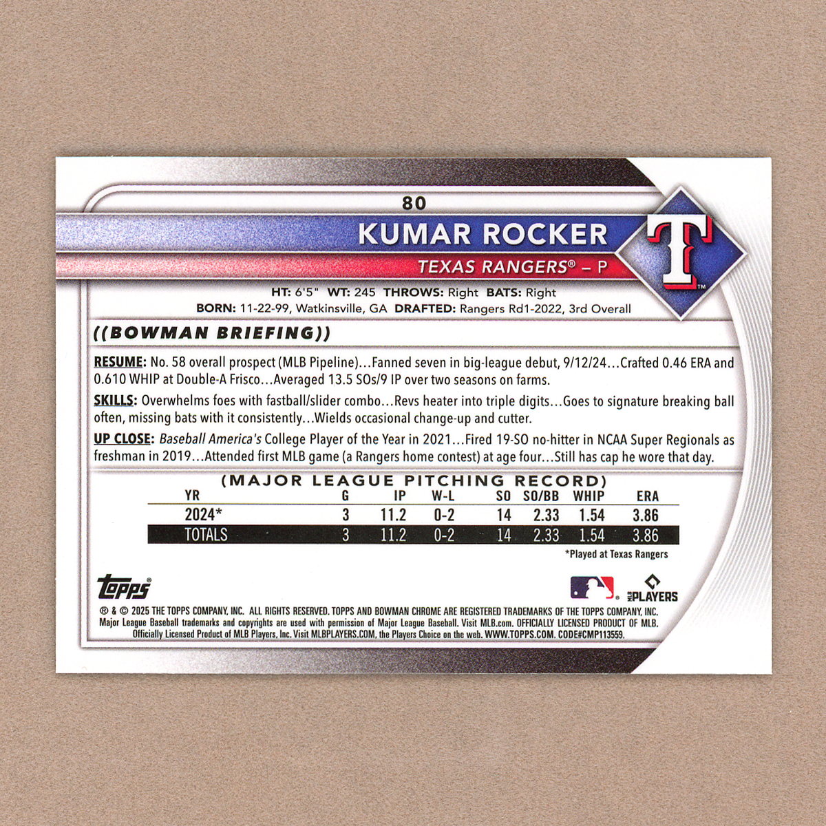 2025 Bowman Chrome Kumar Rocker Red Rookie Redemption (RC)