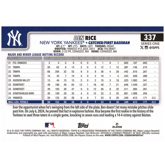 2025 Topps Series 1 Ben Rice (RC)