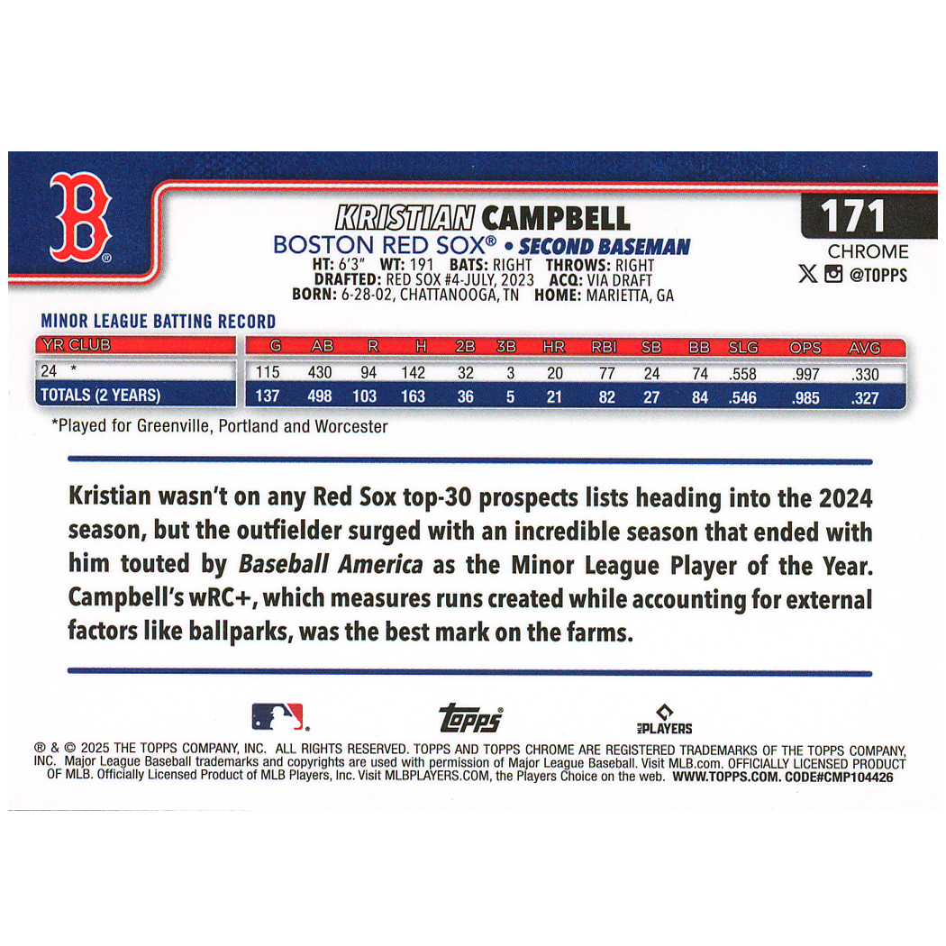 2025 Topps Chrome Sapphire Kristian Campbell RC