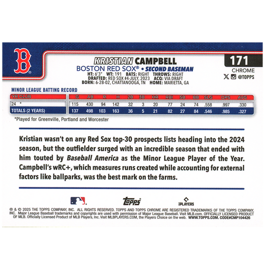 2025 Topps Chrome Sapphire Kristian Campbell RC