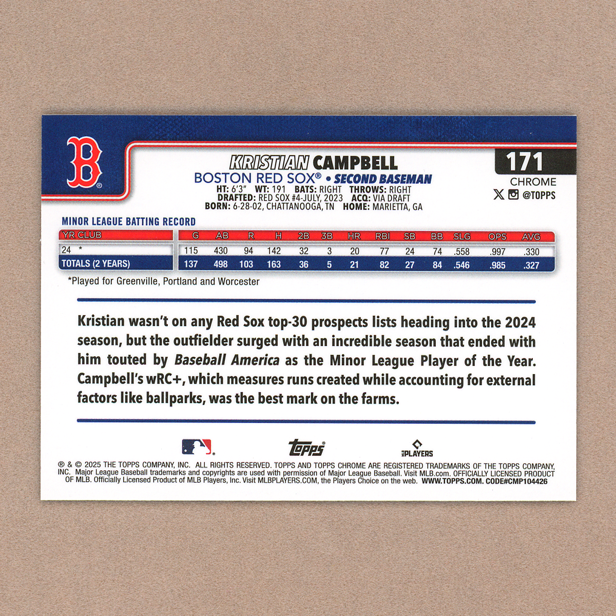2025 Topps Chrome Sapphire Kristian Campbell RC