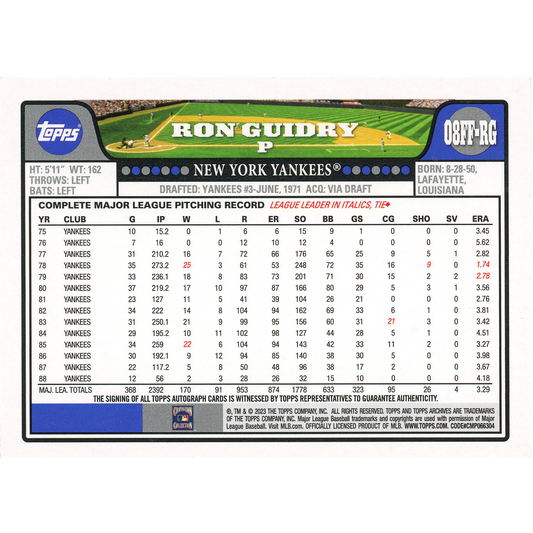 2023 Topps Archives Ron Guidry Autograph