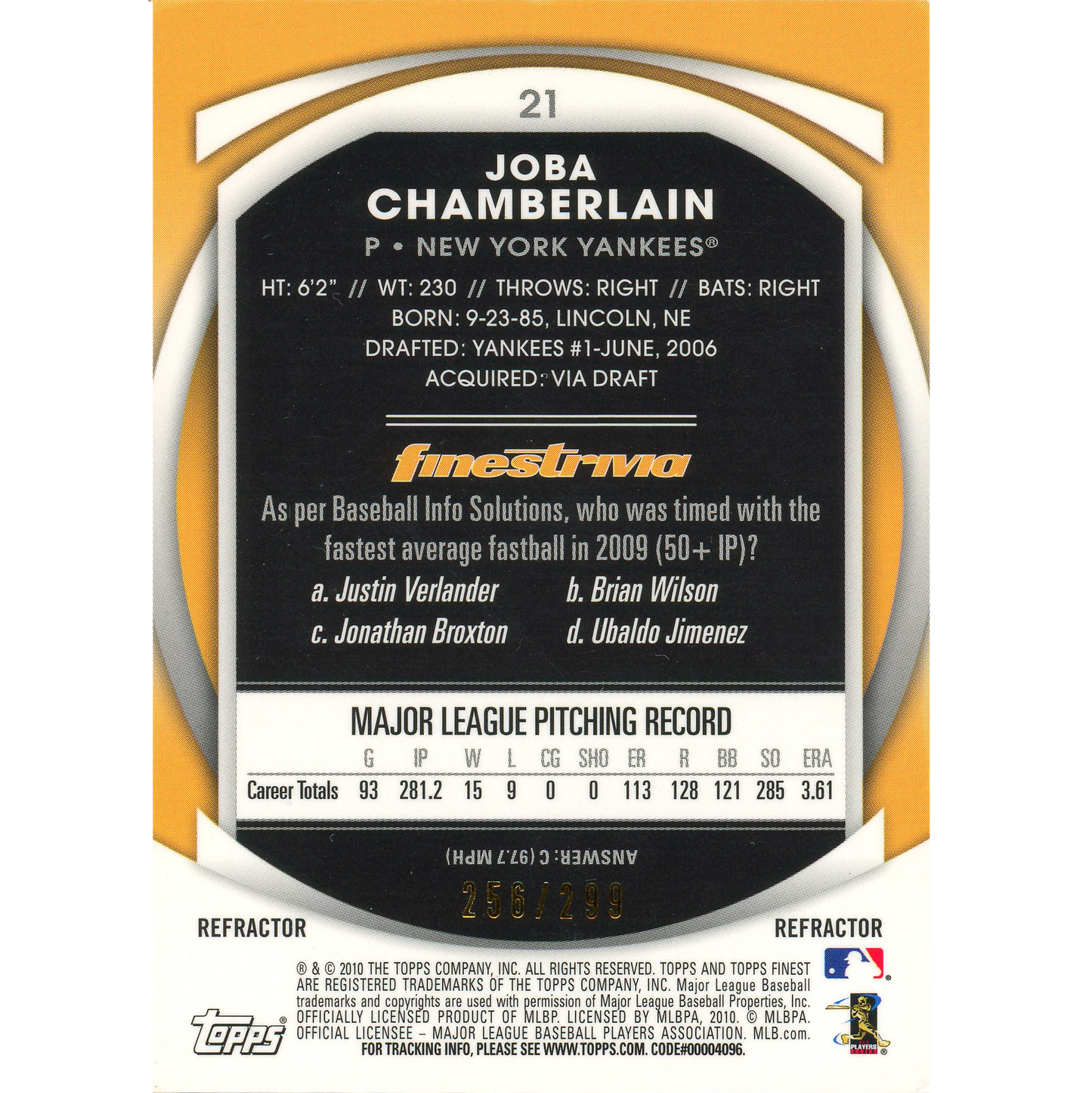 2010 Topps Finest Joba Chamberlain (Blue Refractor)