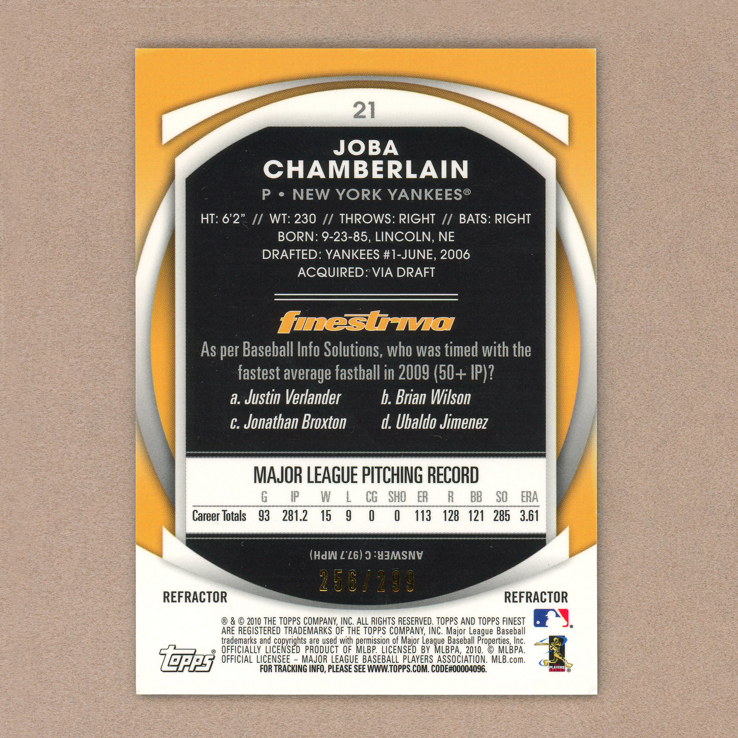 2010 Topps Finest Joba Chamberlain (Blue Refractor)