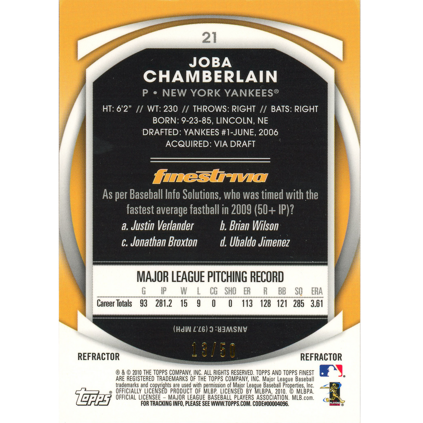 2010 Topps Finest Joba Chamberlain (Gold Refractor)