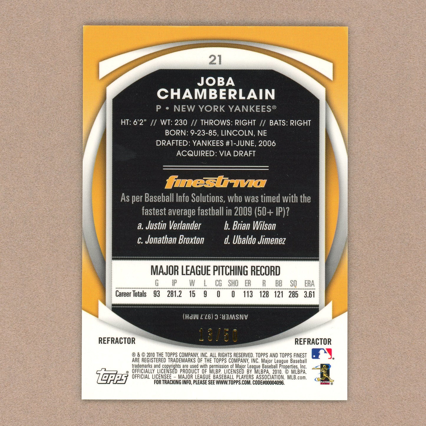 2010 Topps Finest Joba Chamberlain (Gold Refractor)