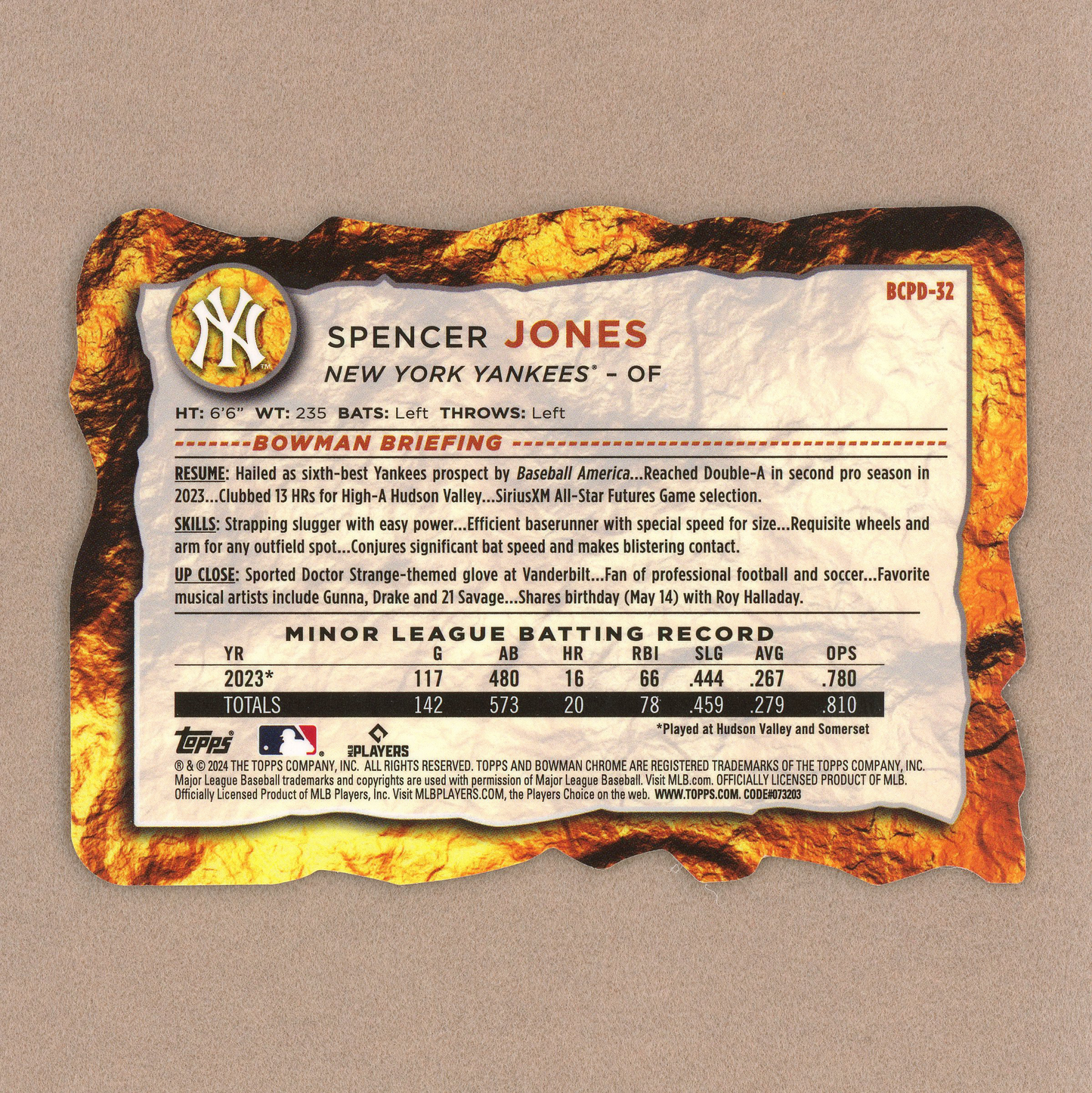 2024 Bowman Spencer Jones Chrome Prospect Die-Cut Variation