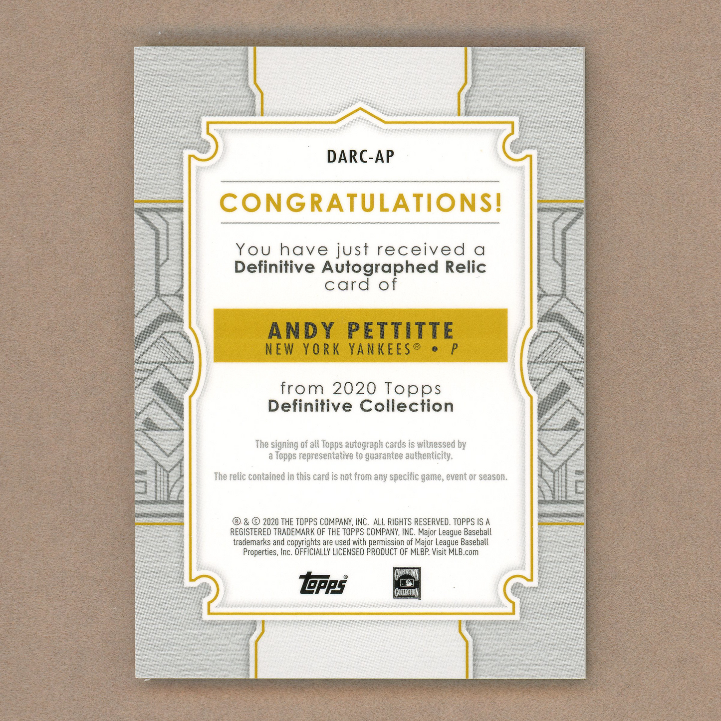 2020 Topps Definitive Andy Pettitte Autograph Relic (Green)