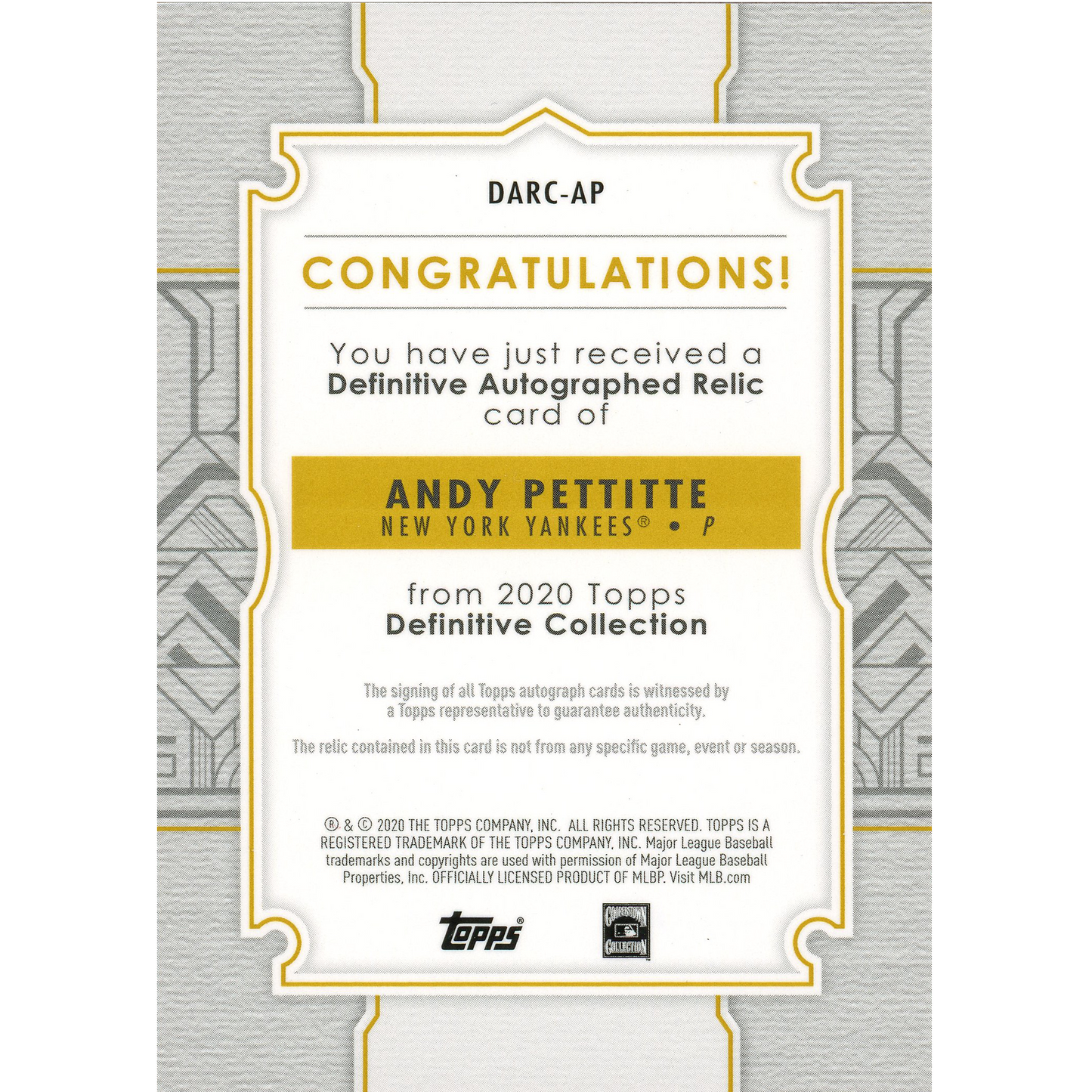 2020 Topps Definitive Andy Pettitte Autograph Relic (Green)