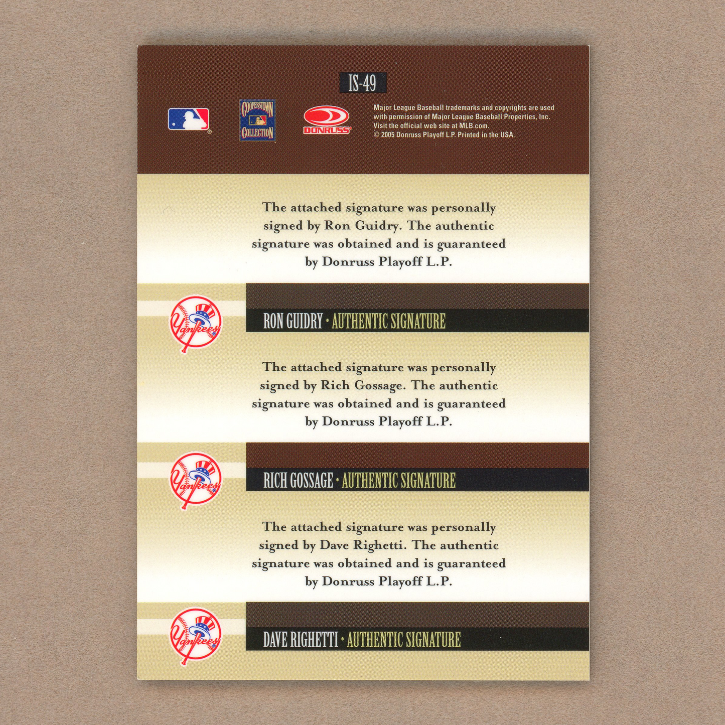 2005 Donruss Signature Ron Guidry / Goose Gossage / Dave Righetti INKcredible Trios Autograph