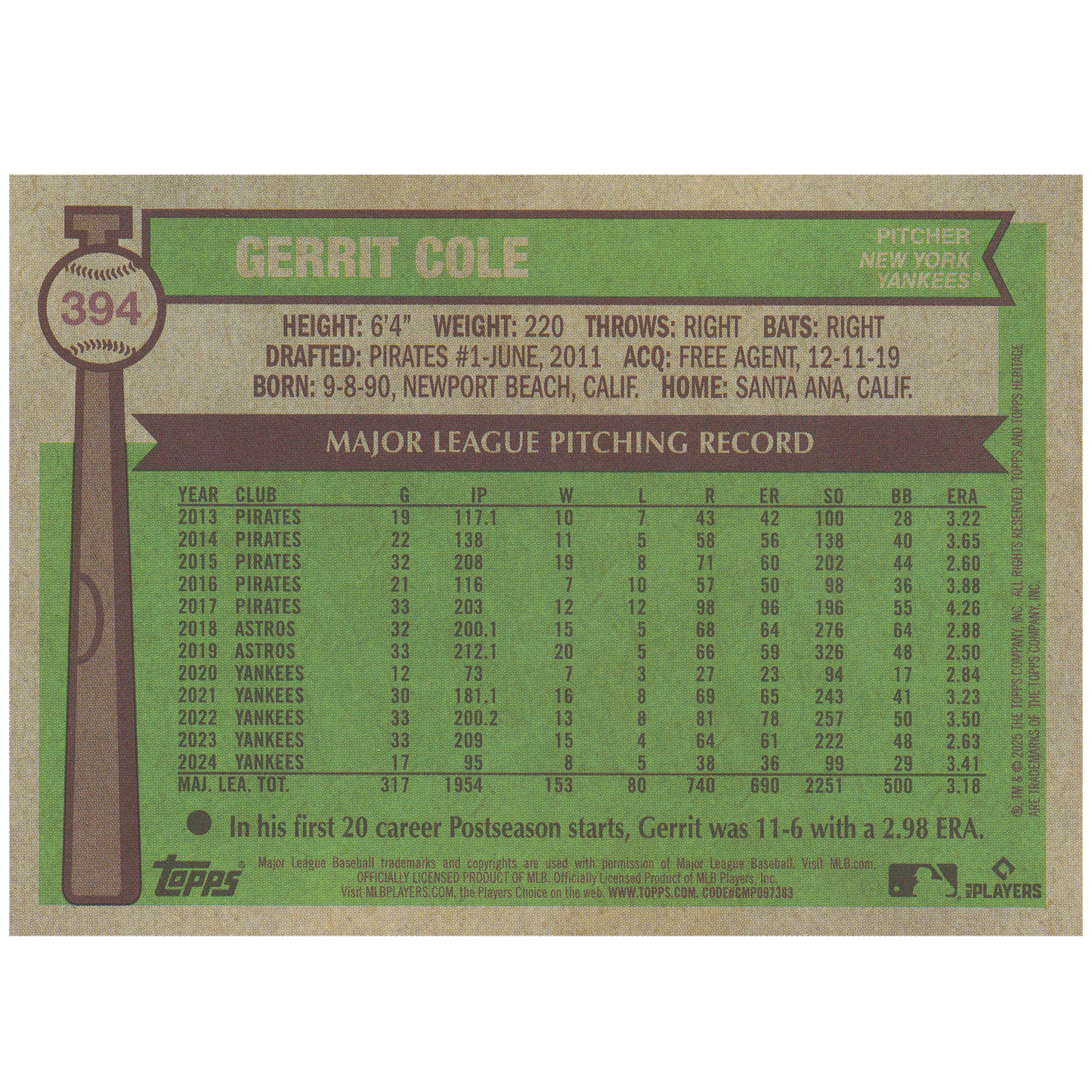 2025 Topps Heritage Gerrit Cole (Light Blue Sparkle)