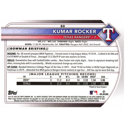 2025 Bowman Chrome Kumar Rocker Red Rookie Redemption (RC)