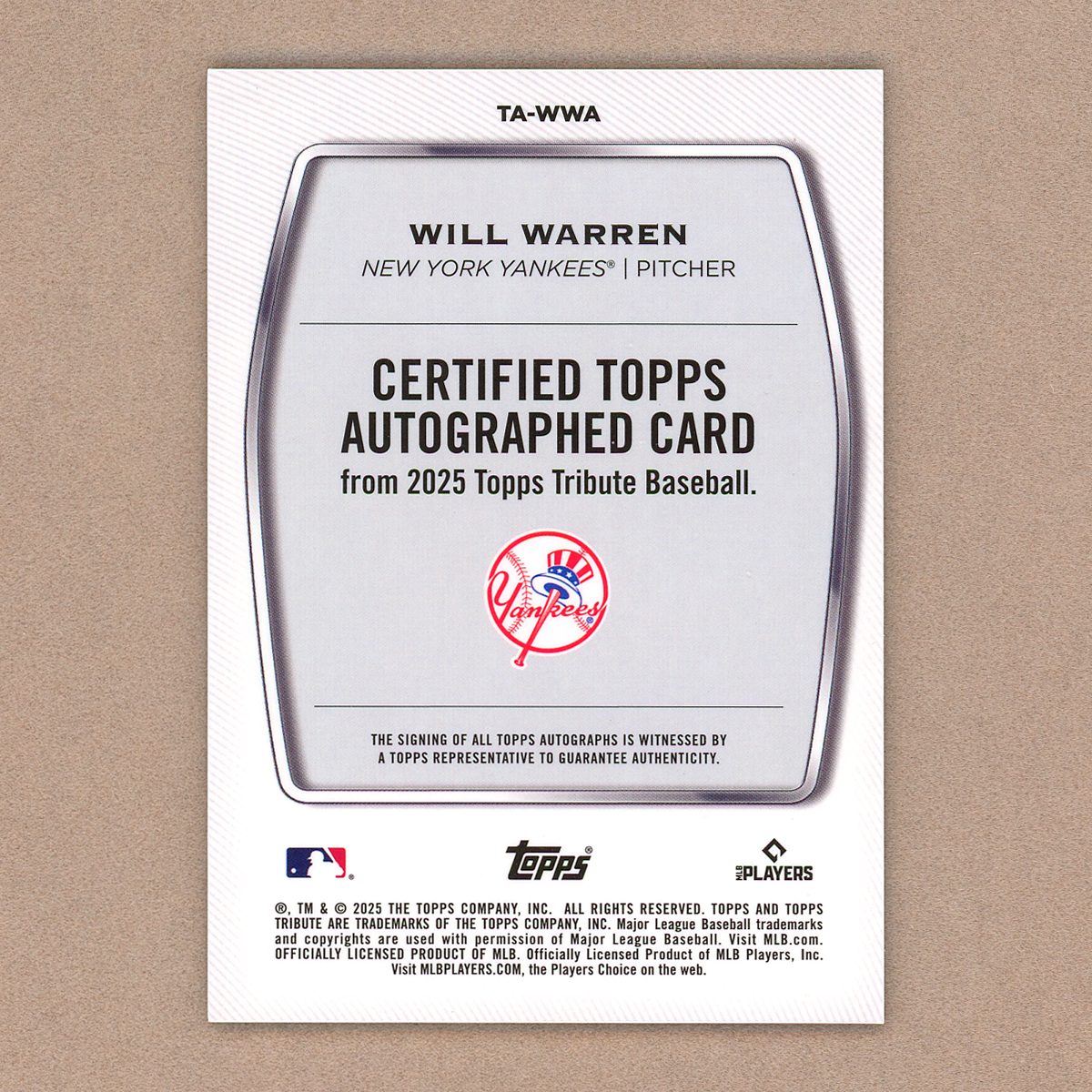 2025 Topps Tribute Will Warren RC Autograph