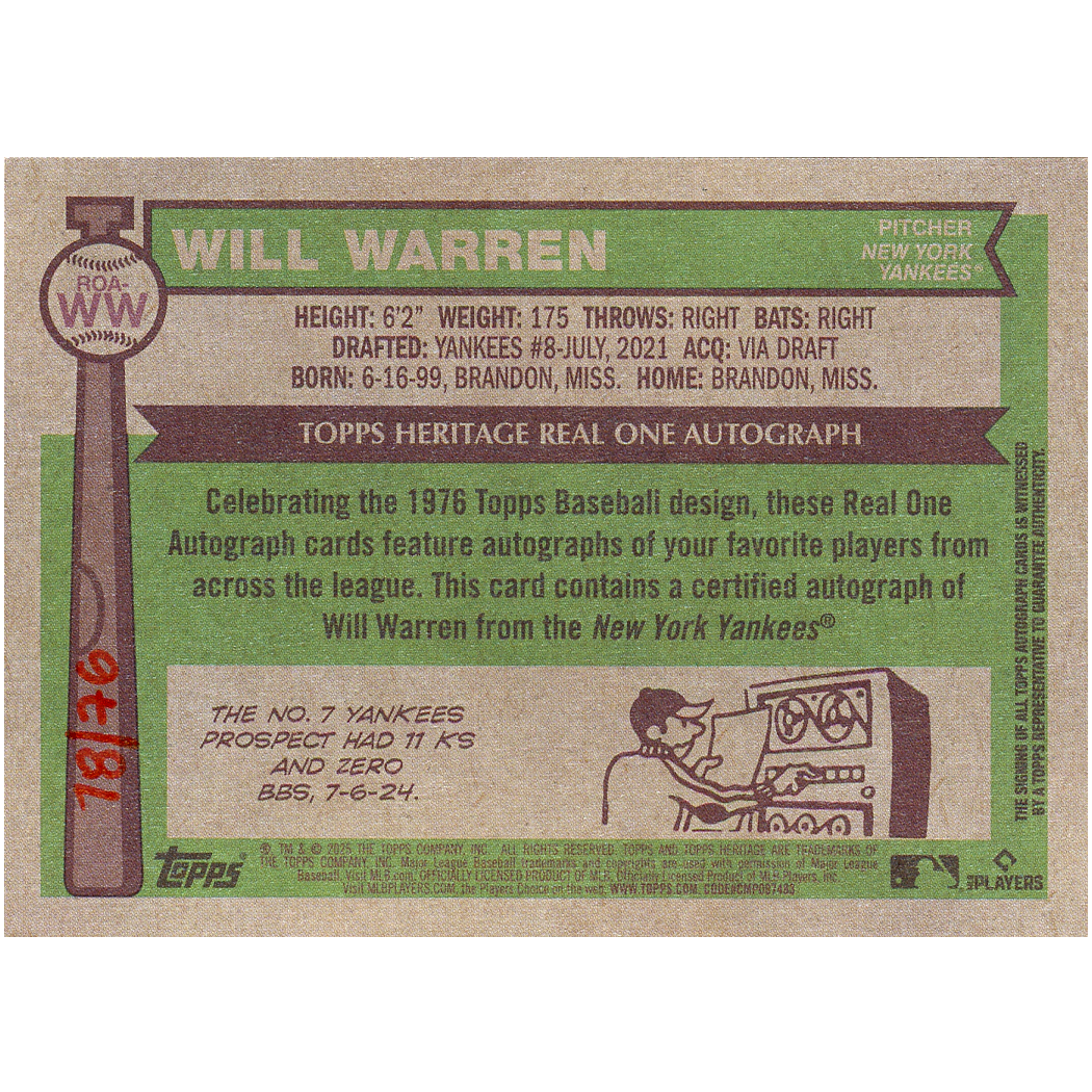 2025 Topps Heritage Will Warren Autograph (Red Ink)